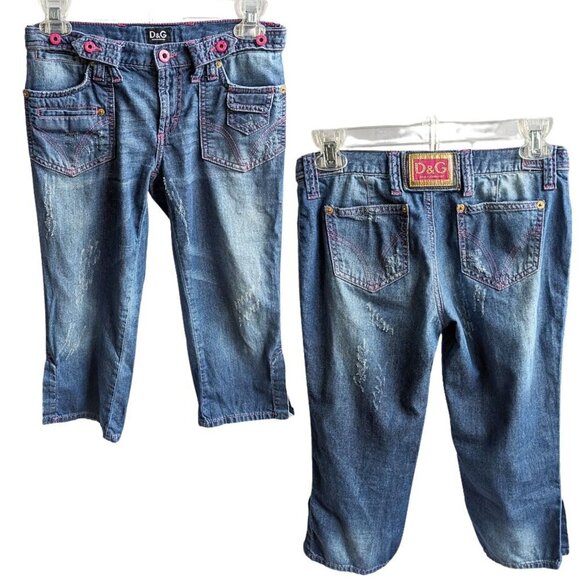 Dolce & Gabbana Denim - Rare 2006 DOLCE&GABBANA D&G Distressed Barbie Pink Stitch Bush Pant Capris Sz 24